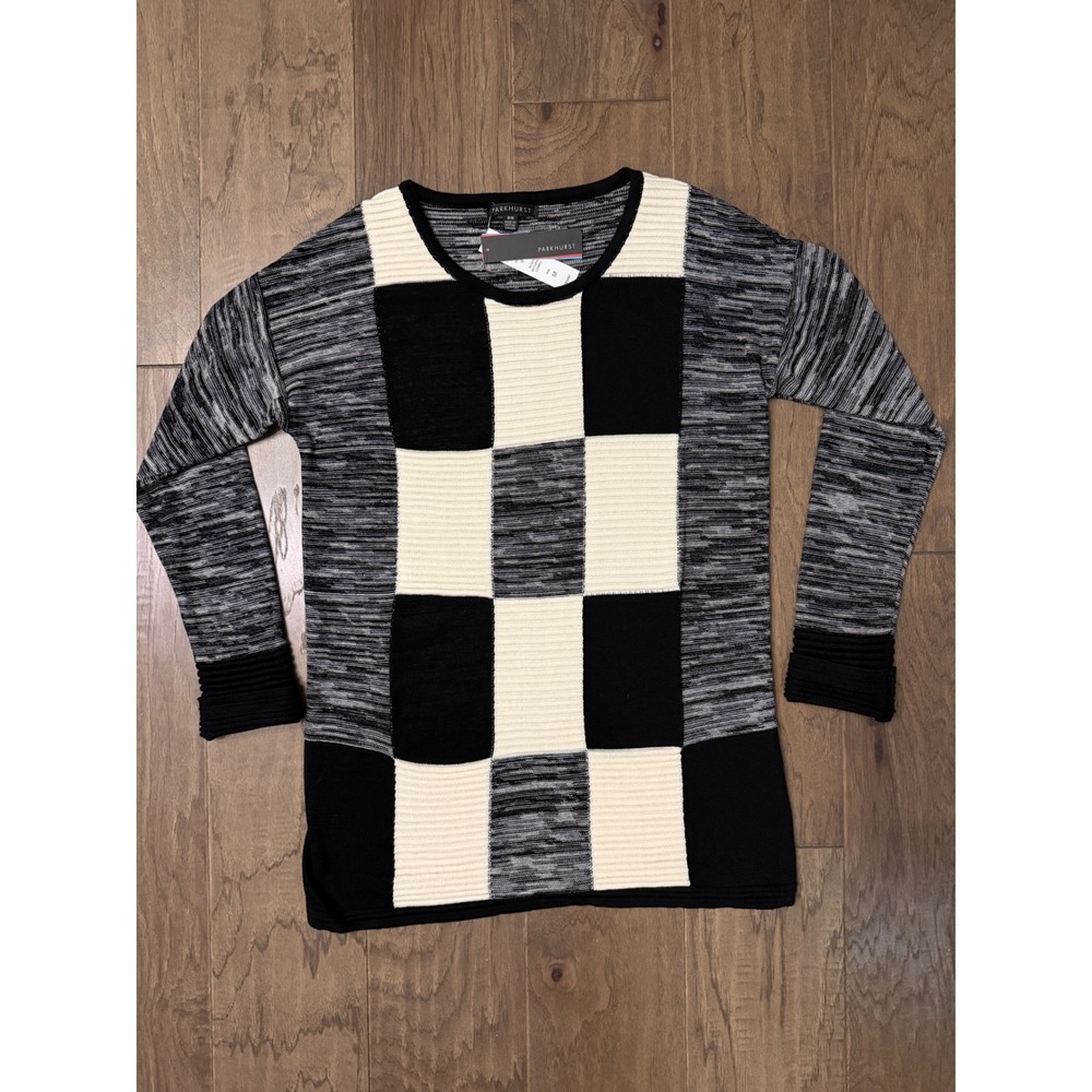 NWT‎ Parkhurst Womens Checkerboard Colorblock Cotton Knit Sweater Black Size M